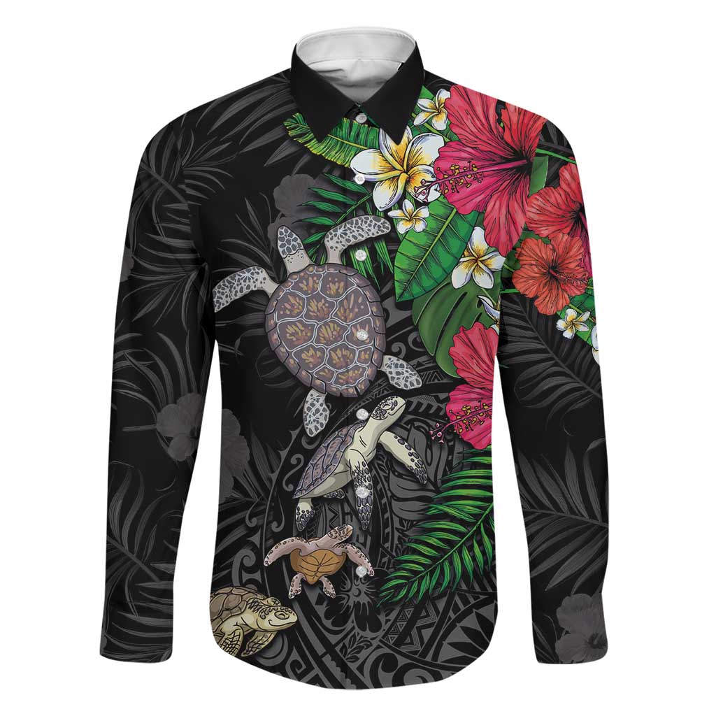 Hawaiian Tropical Plants and Turtles Family Matching Tank Maxi Dress and Hawaiian Shirt Polynesian Art Motifs LT03 Dad's Shirt - Long Sleeve Black - Polynesian Pride