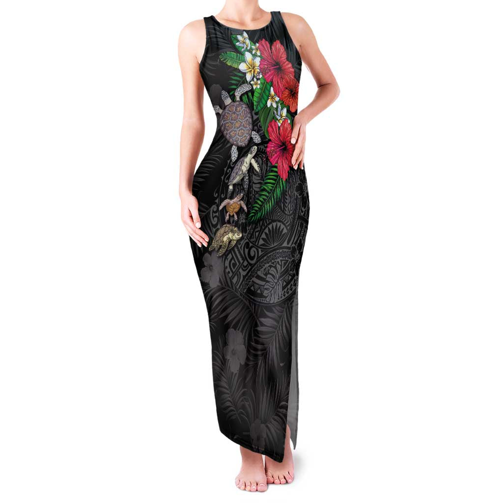 Hawaiian Tropical Plants and Turtles Family Matching Tank Maxi Dress and Hawaiian Shirt Polynesian Art Motifs LT03 Mom's Dress Black - Polynesian Pride