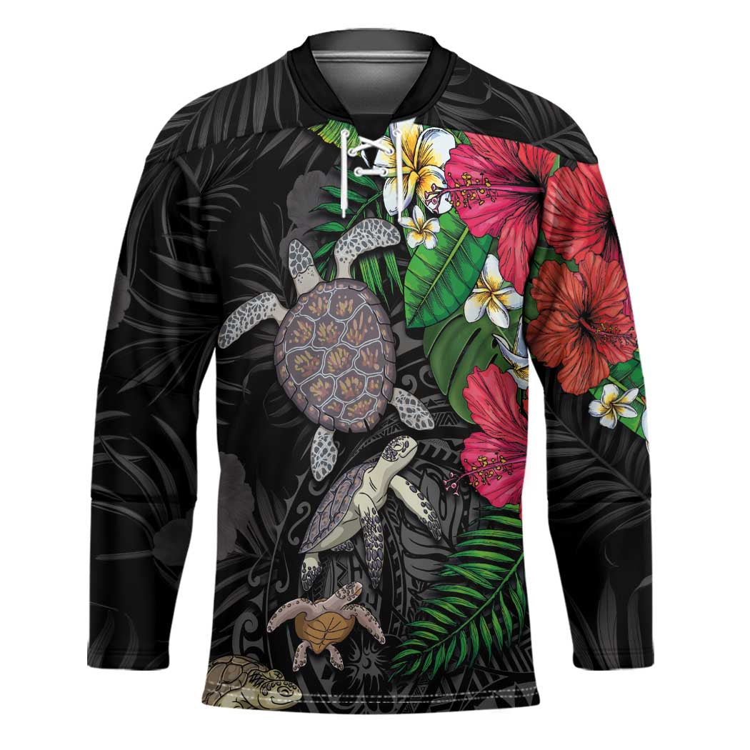 Hawaiian Tropical Plants and Turtles Hockey Jersey Polynesian Art Motifs