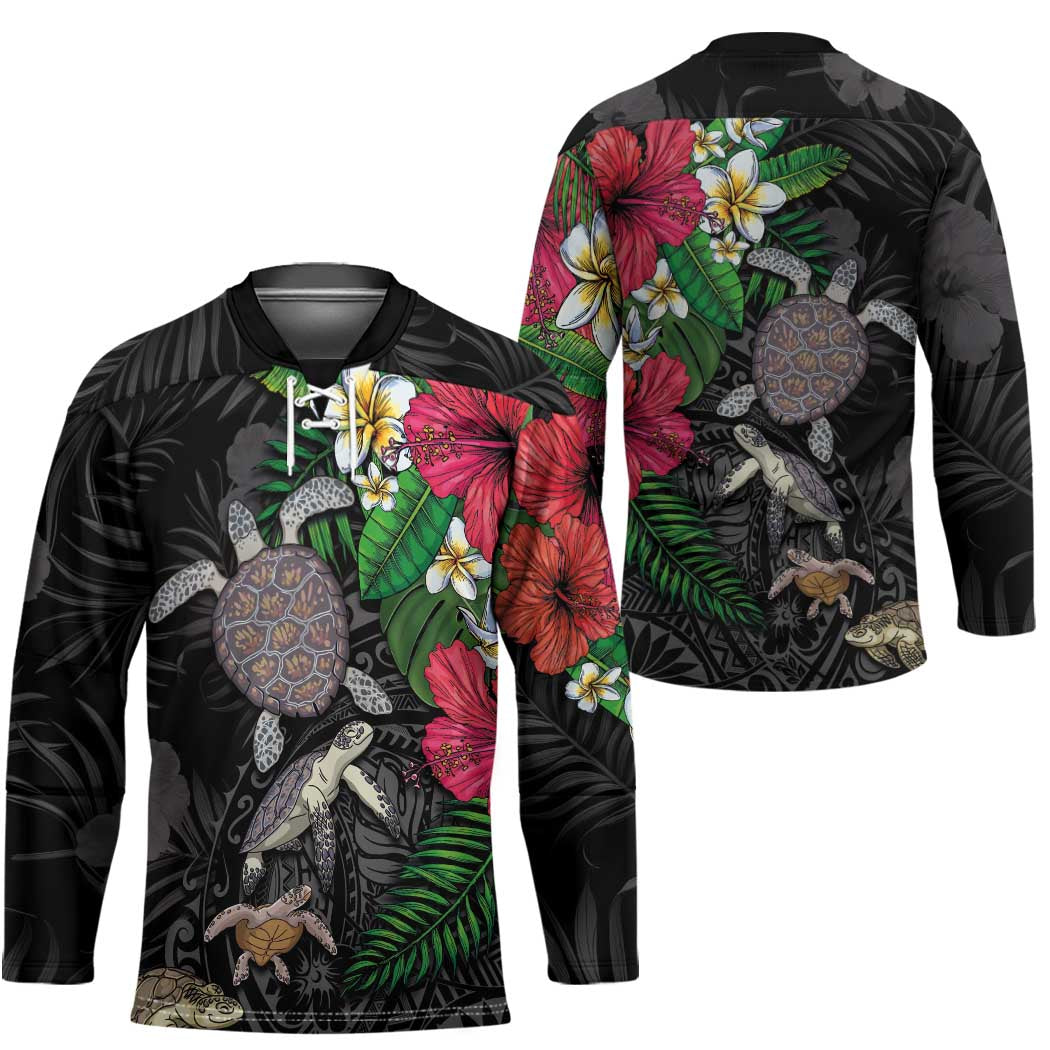 Hawaiian Tropical Plants and Turtles Hockey Jersey Polynesian Art Motifs