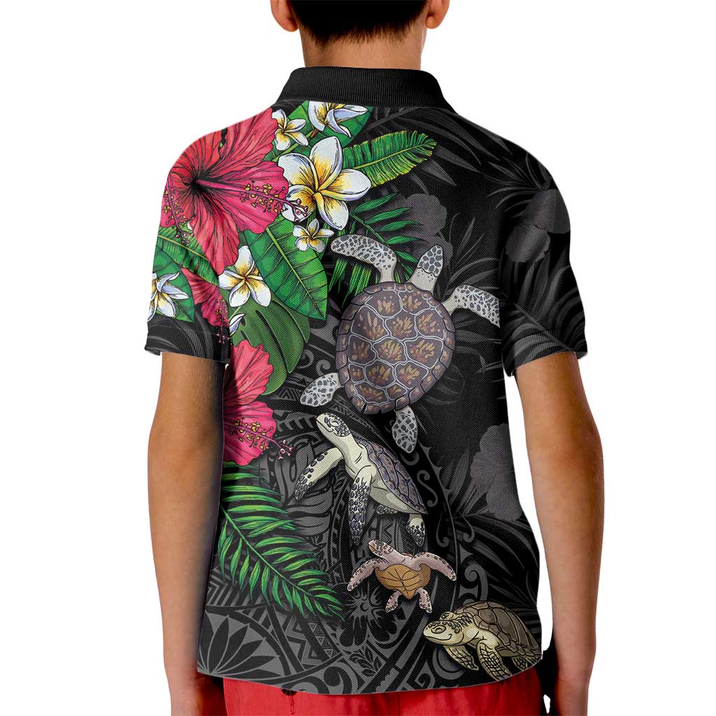 Hawaiian Tropical Plants and Turtles Kid Polo Shirt Polynesian Art Motifs