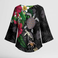 Hawaiian Tropical Plants and Turtles Kimono Sleeve Blouse Polynesian Art Motifs