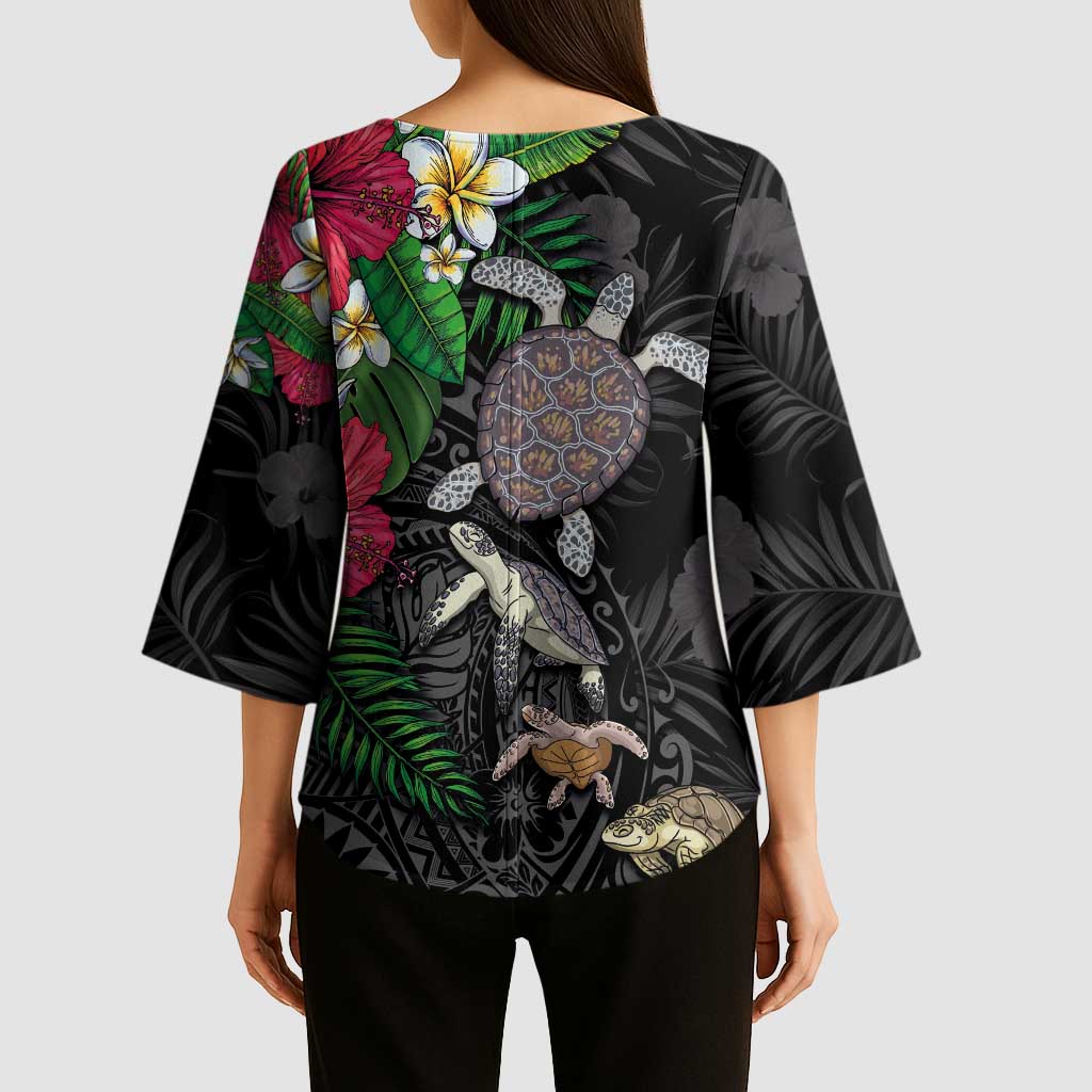 Hawaiian Tropical Plants and Turtles Kimono Sleeve Blouse Polynesian Art Motifs