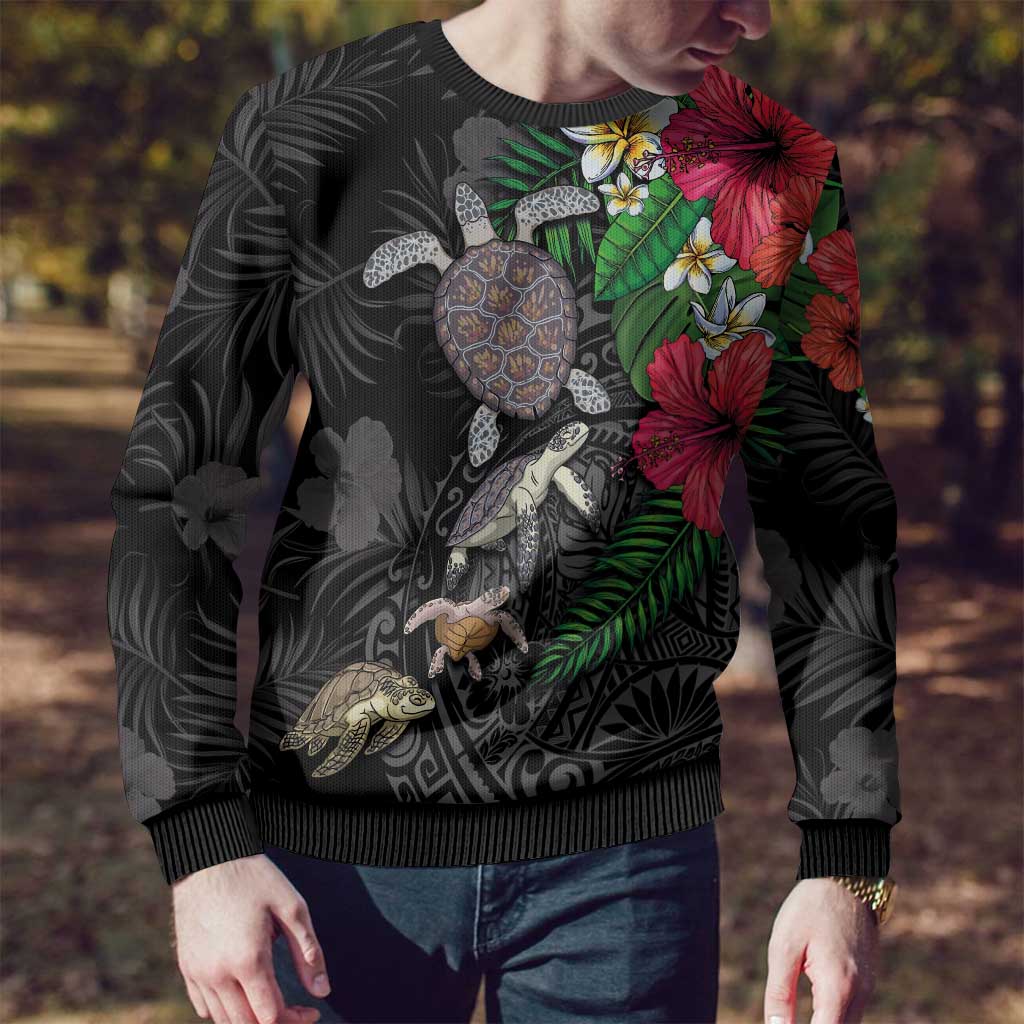 Hawaiian Tropical Plants and Turtles Ugly Christmas Sweater Polynesian Art Motifs