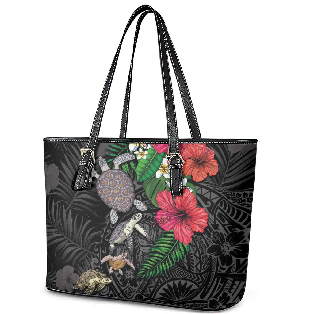 Hawaiian Tropical Plants and Turtles Leather Tote Bag Polynesian Art Motifs