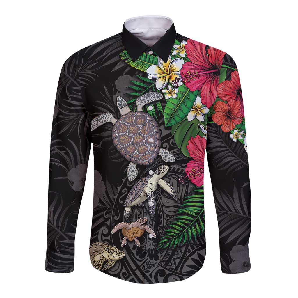 Hawaiian Tropical Plants and Turtles Long Sleeve Button Shirt Polynesian Art Motifs
