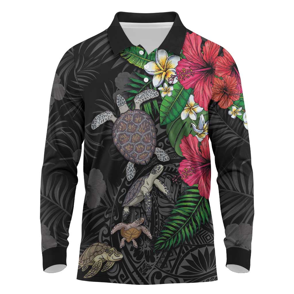 Hawaiian Tropical Plants and Turtles Long Sleeve Polo Shirt Polynesian Art Motifs