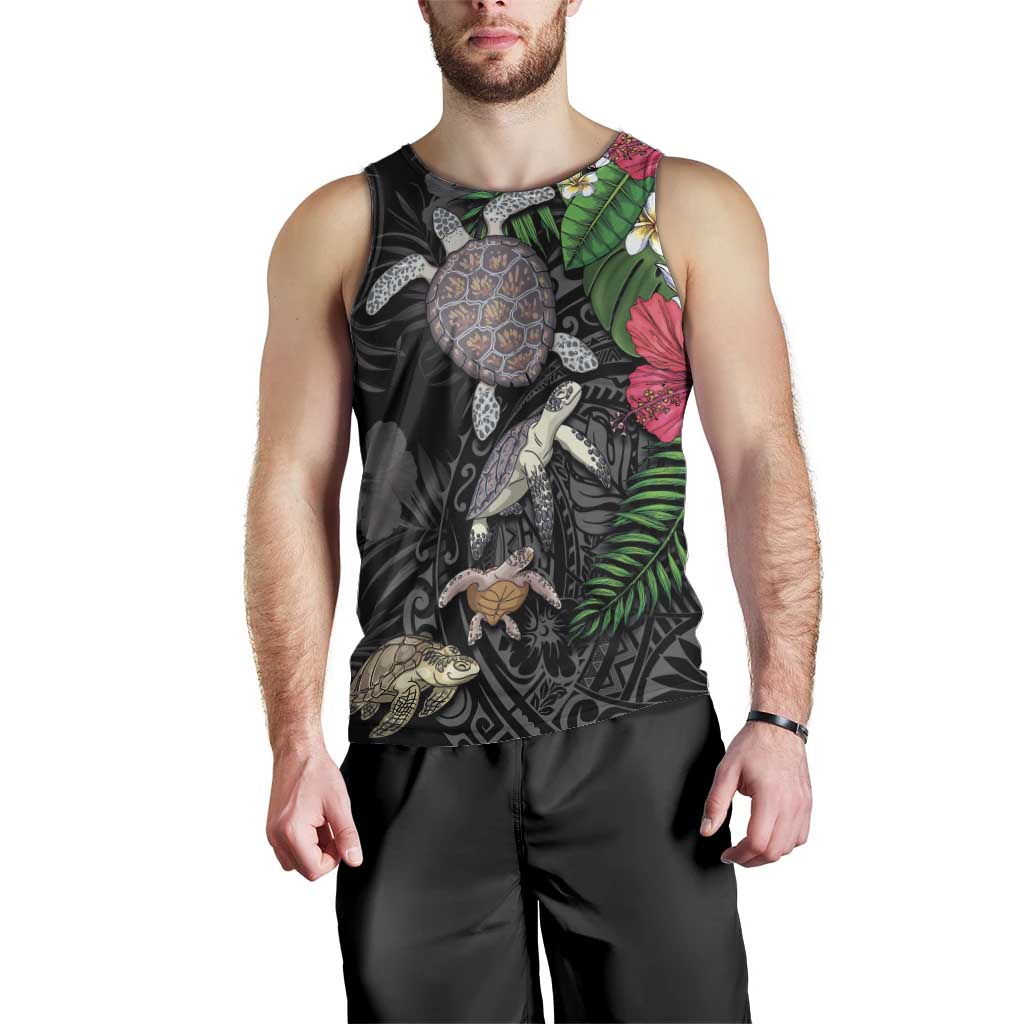 Hawaiian Tropical Plants and Turtles Men Tank Top Polynesian Art Motifs