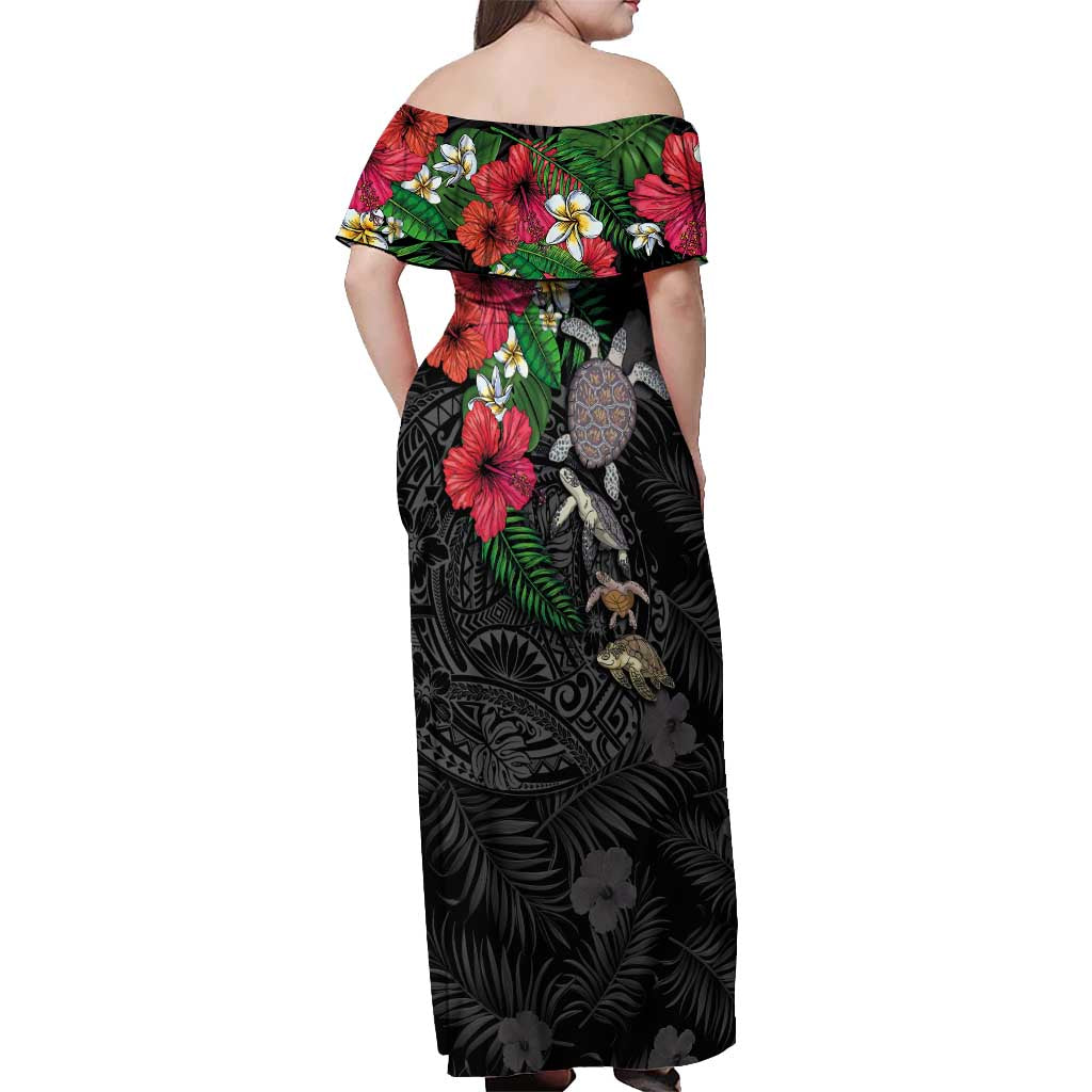 Hawaiian Tropical Plants and Turtles Off Shoulder Maxi Dress Polynesian Art Motifs