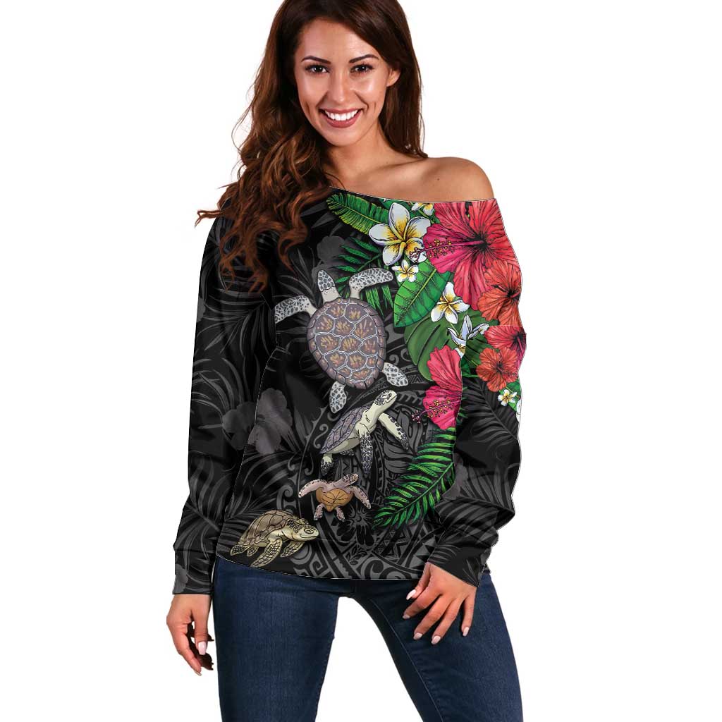 Hawaiian Tropical Plants and Turtles Off Shoulder Sweater Polynesian Art Motifs