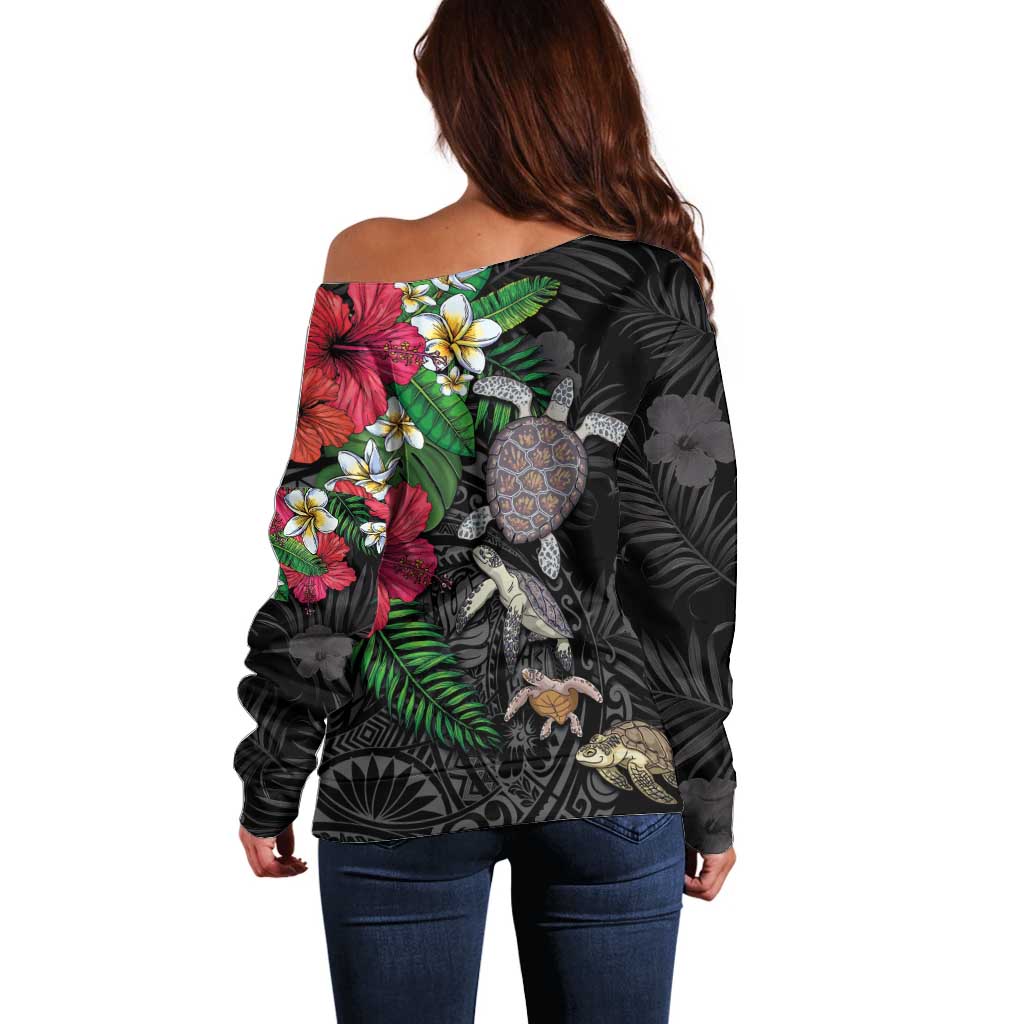 Hawaiian Tropical Plants and Turtles Off Shoulder Sweater Polynesian Art Motifs