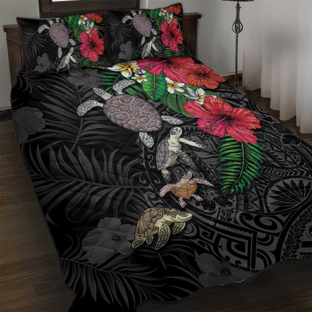 Hawaiian Tropical Plants and Turtles Quilt Bed Set Polynesian Art Motifs