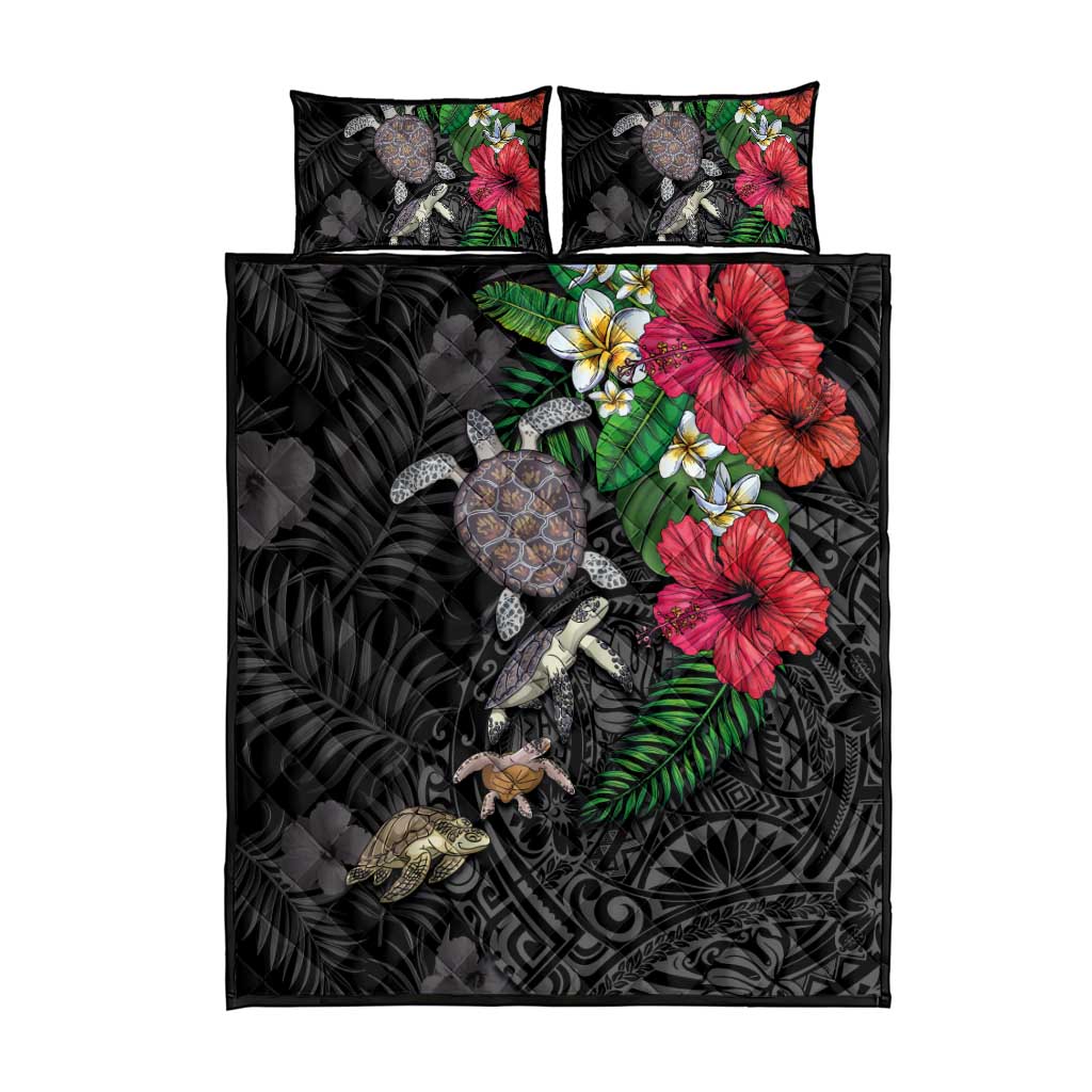 Hawaiian Tropical Plants and Turtles Quilt Bed Set Polynesian Art Motifs
