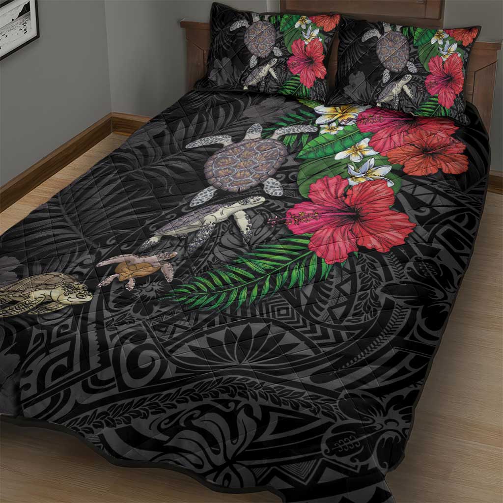 Hawaiian Tropical Plants and Turtles Quilt Bed Set Polynesian Art Motifs