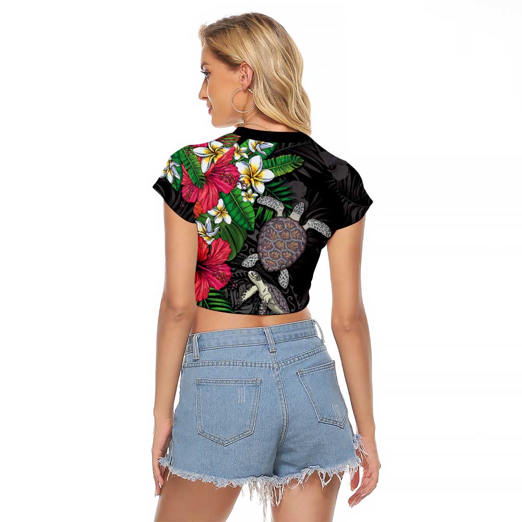 Hawaiian Tropical Plants and Turtles Raglan Cropped T Shirt Polynesian Art Motifs