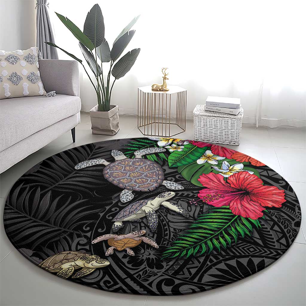Hawaiian Tropical Plants and Turtles Round Carpet Polynesian Art Motifs