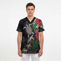 Hawaiian Tropical Plants and Turtles Scrub Top Polynesian Art Motifs