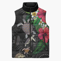 Hawaiian Tropical Plants and Turtles Sleeveless Puffer Jacket Polynesian Art Motifs
