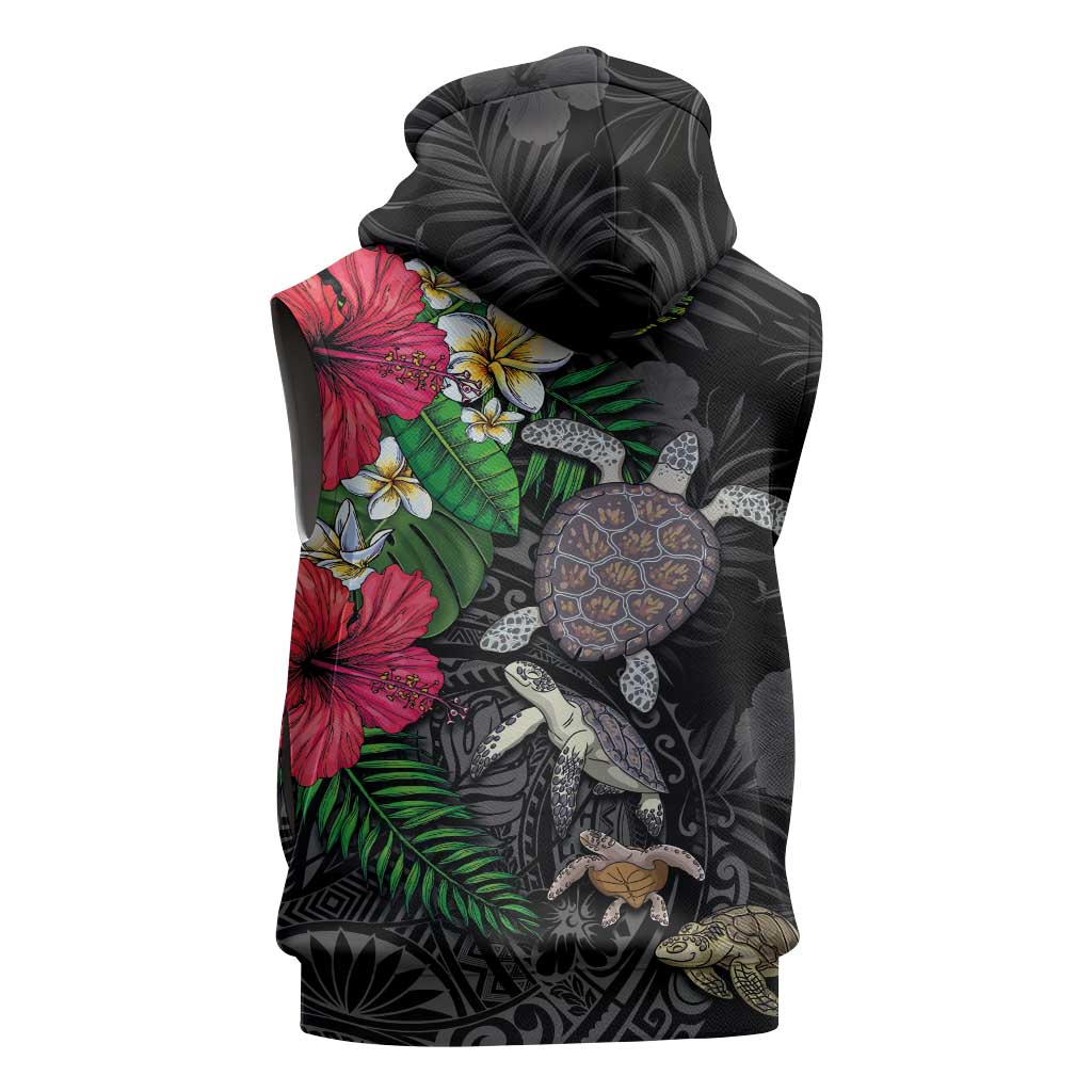 Hawaiian Tropical Plants and Turtles Sleeveless Zip Hoodie Polynesian Art Motifs