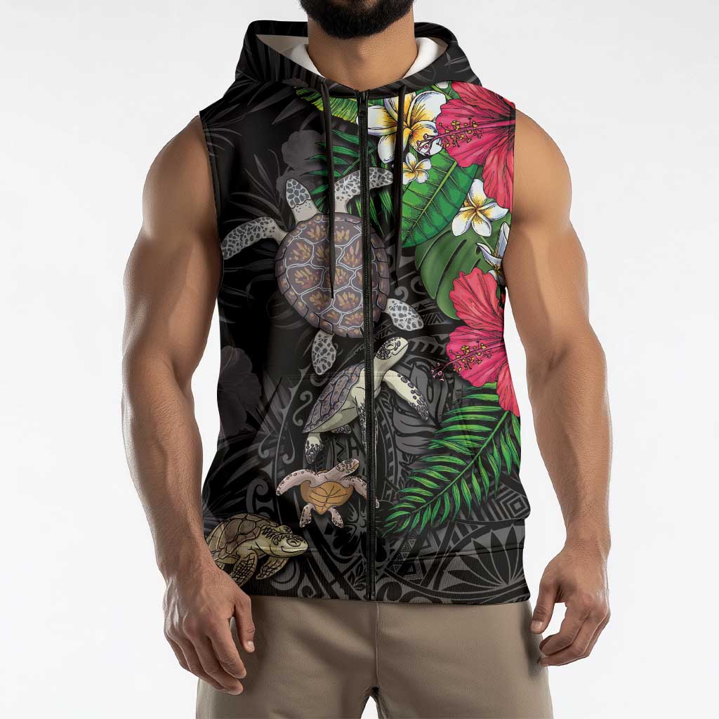 Hawaiian Tropical Plants and Turtles Sleeveless Zip Hoodie Polynesian Art Motifs