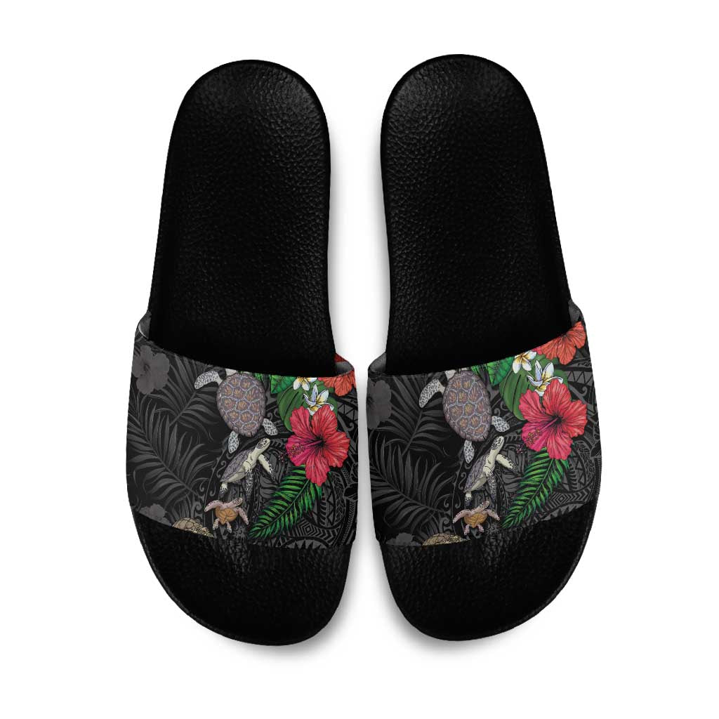 Hawaiian Tropical Plants and Turtles Slide Sandals Polynesian Art Motifs