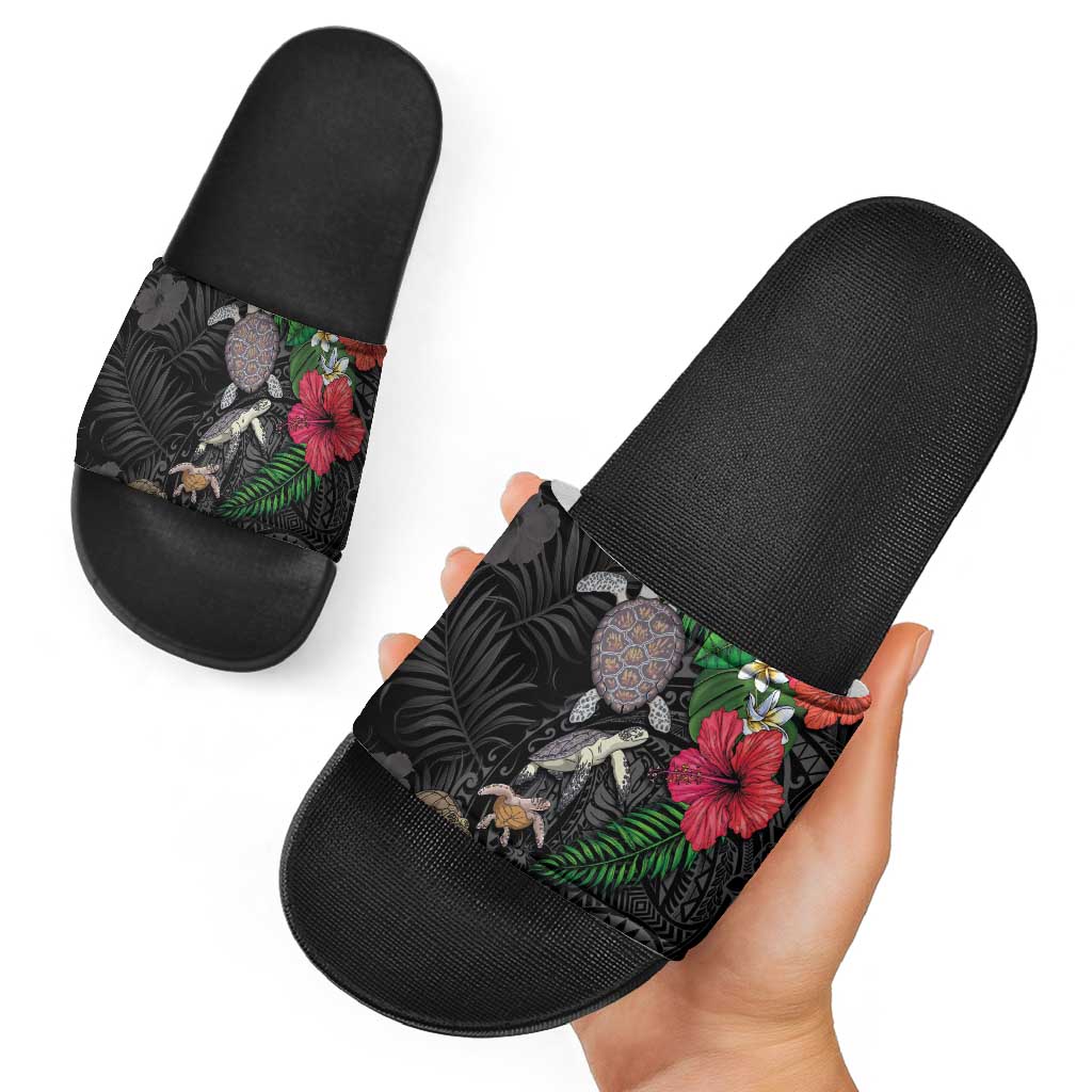 Hawaiian Tropical Plants and Turtles Slide Sandals Polynesian Art Motifs