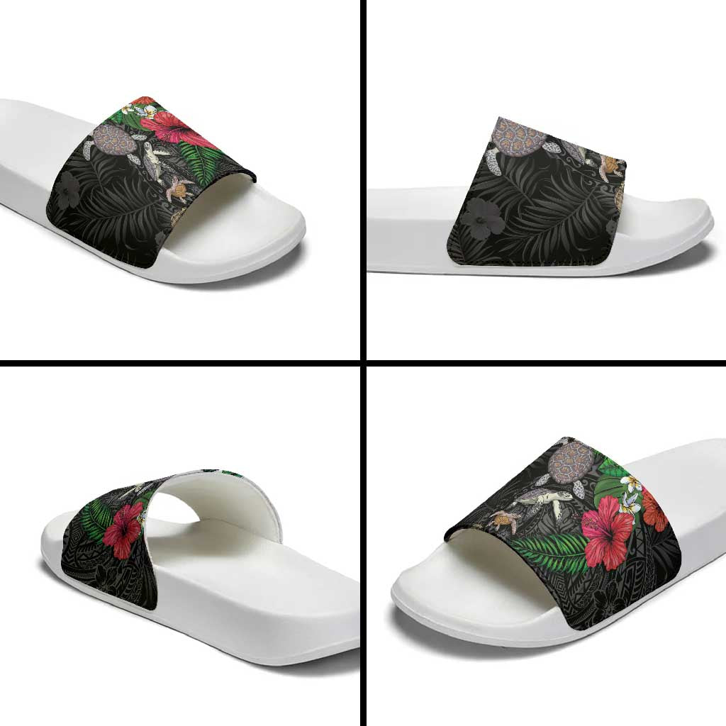 Hawaiian Tropical Plants and Turtles Slide Sandals Polynesian Art Motifs