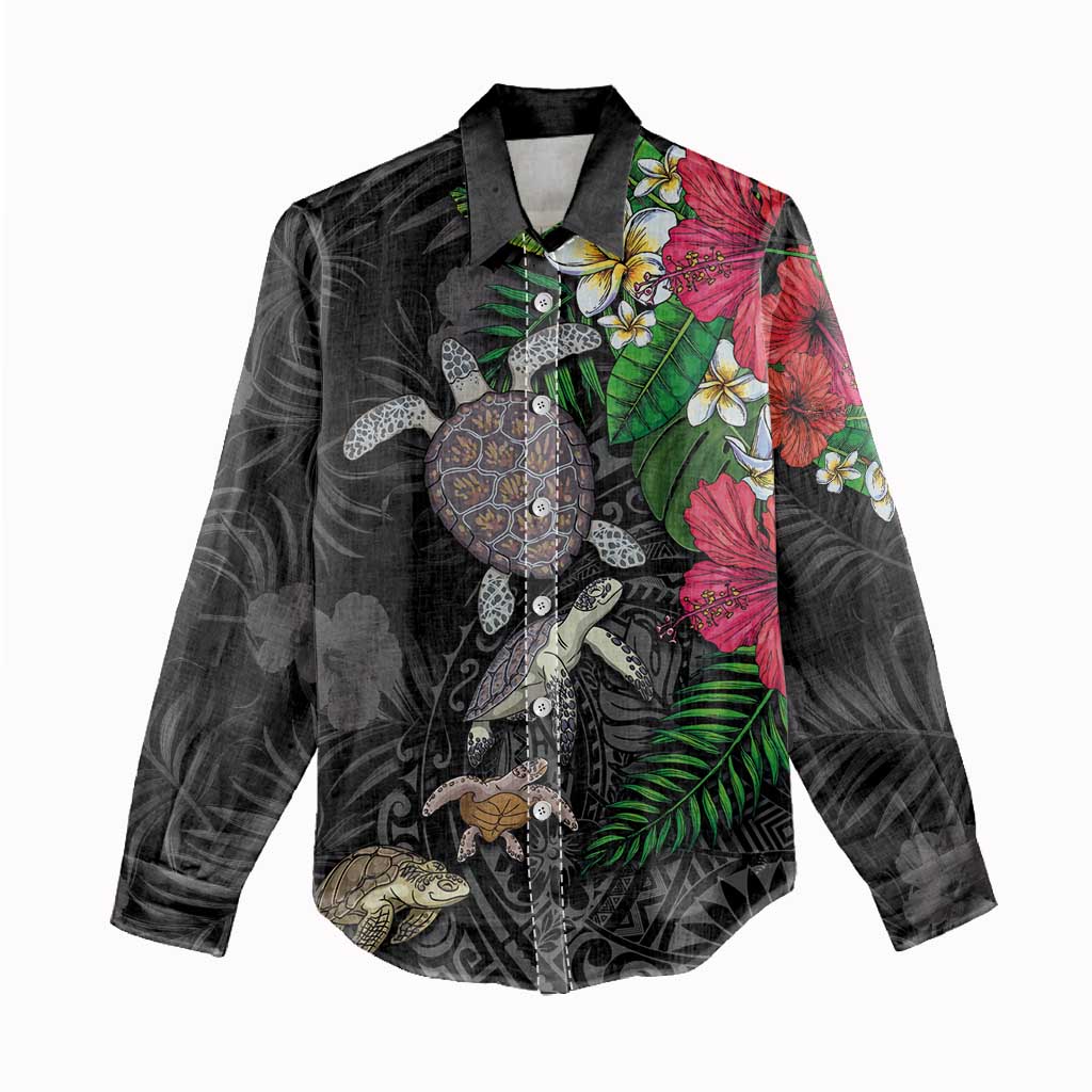 Hawaiian Tropical Plants and Turtles Women Casual Shirt Polynesian Art Motifs