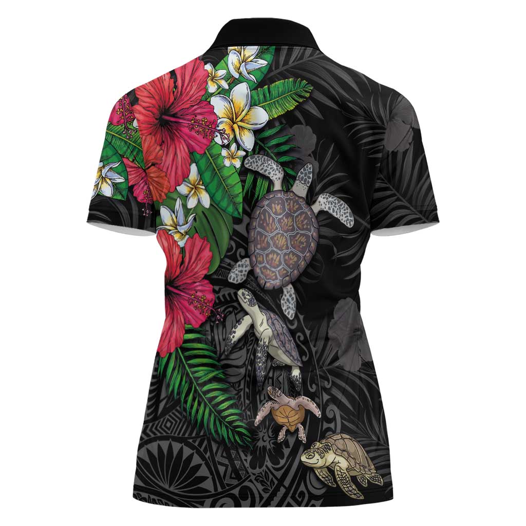 Hawaiian Tropical Plants and Turtles Women Polo Shirt Polynesian Art Motifs