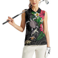Hawaiian Tropical Plants and Turtles Women Sleeveless Polo Shirt Polynesian Art Motifs