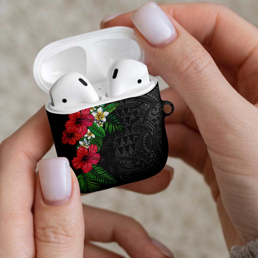 Hawaiian Tropical Plants AirPods Case Kakau Tattoo and Polynesian Pattern Half Black Color