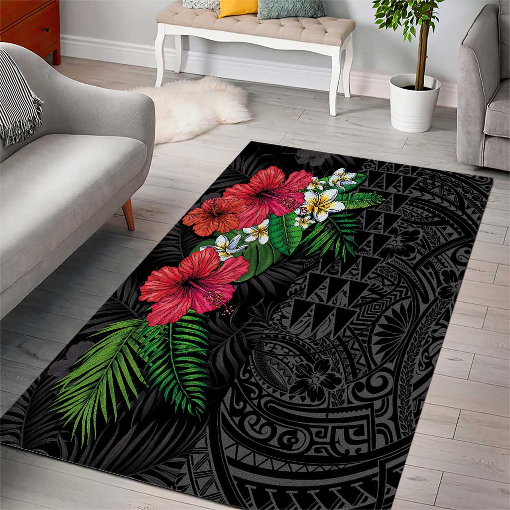 Hawaiian Tropical Plants Area Rug Kakau Tattoo and Polynesian Pattern Half Black Color