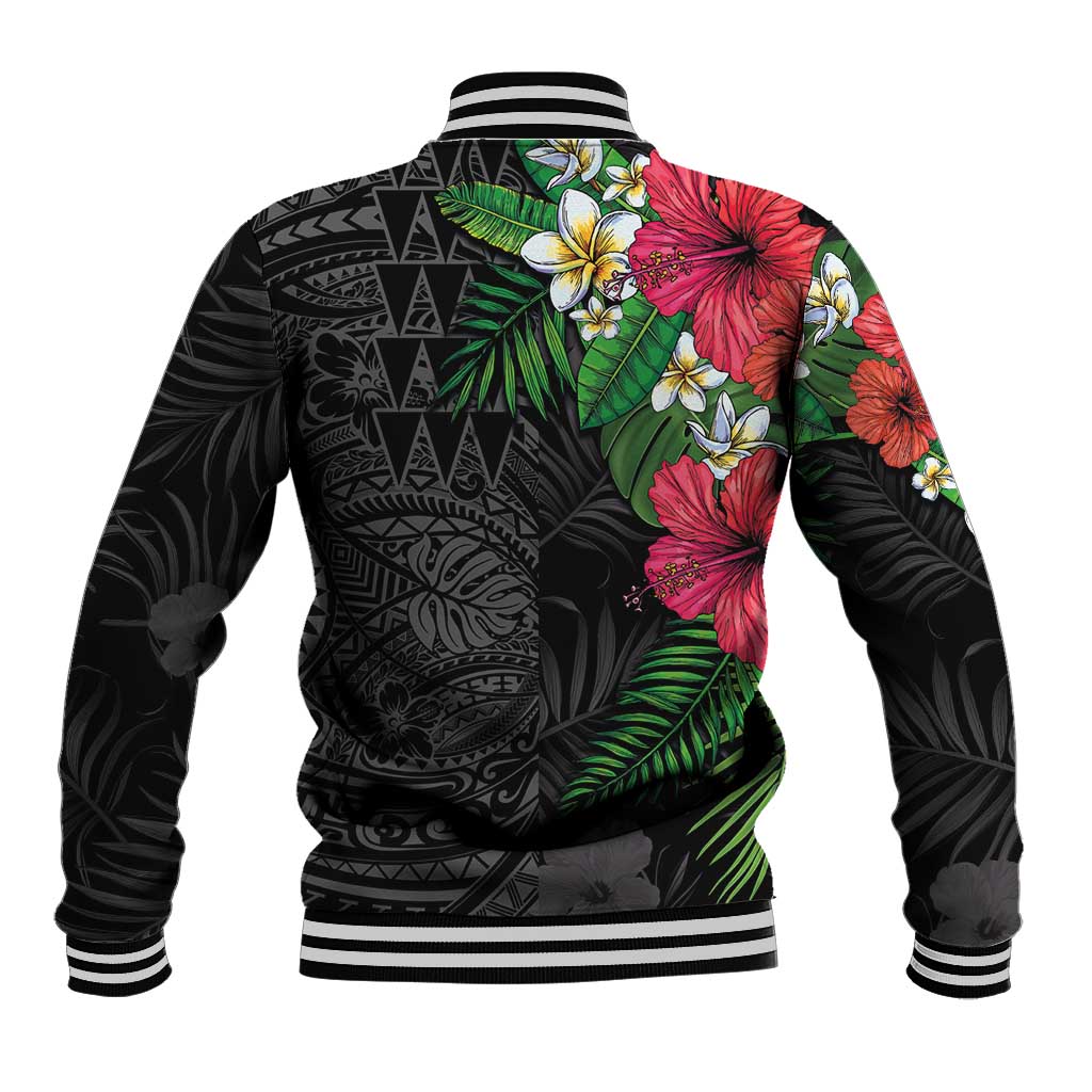 Hawaiian Tropical Plants Baseball Jacket Kakau Tattoo and Polynesian Pattern Half Black Color