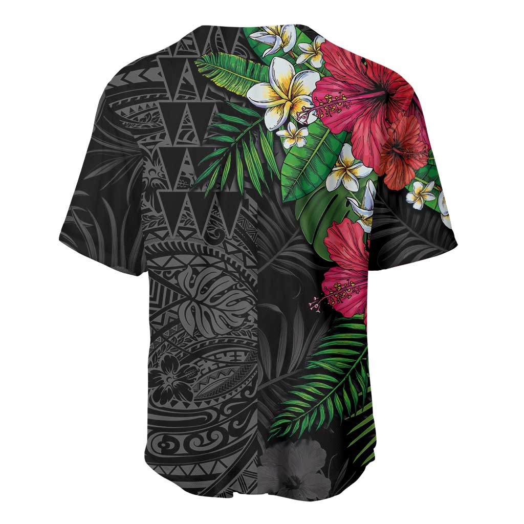 Hawaiian Tropical Plants Baseball Jersey Kakau Tattoo and Polynesian Pattern Half Black Color