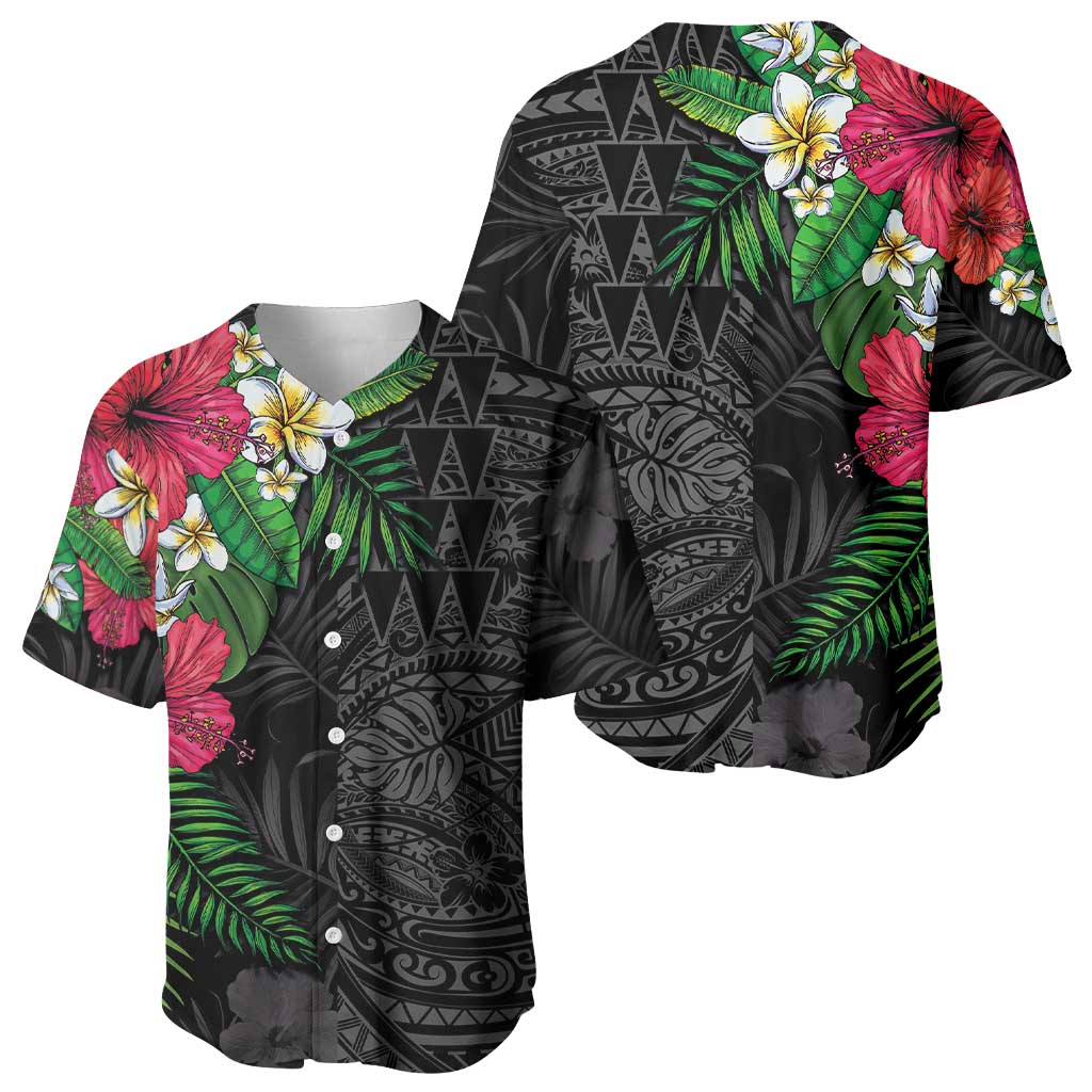Hawaiian Tropical Plants Baseball Jersey Kakau Tattoo and Polynesian Pattern Half Black Color