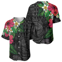 Hawaiian Tropical Plants Baseball Jersey Kakau Tattoo and Polynesian Pattern Half Black Color