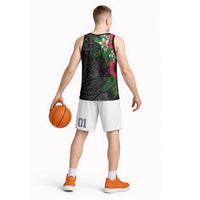 Hawaiian Tropical Plants Basketball Jersey Kakau Tattoo and Polynesian Pattern Half Black Color