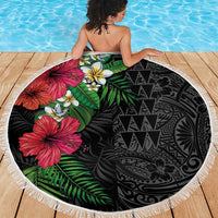 Hawaiian Tropical Plants Beach Blanket Kakau Tattoo and Polynesian Pattern Half Black Color
