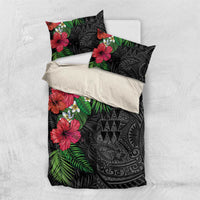Hawaiian Tropical Plants Bedding Set Kakau Tattoo and Polynesian Pattern Half Black Color