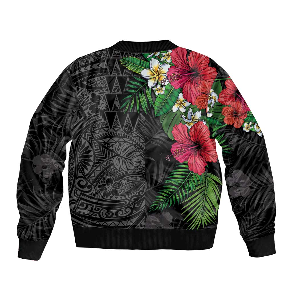 Hawaiian Tropical Plants Bomber Jacket Kakau Tattoo and Polynesian Pattern Half Black Color