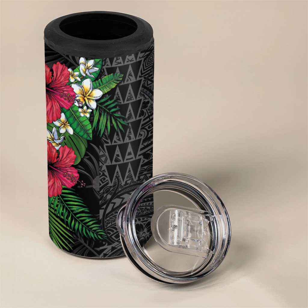 Hawaiian Tropical Plants 4 in 1 Can Cooler Tumbler Kakau Tattoo and Polynesian Pattern Half Black Color