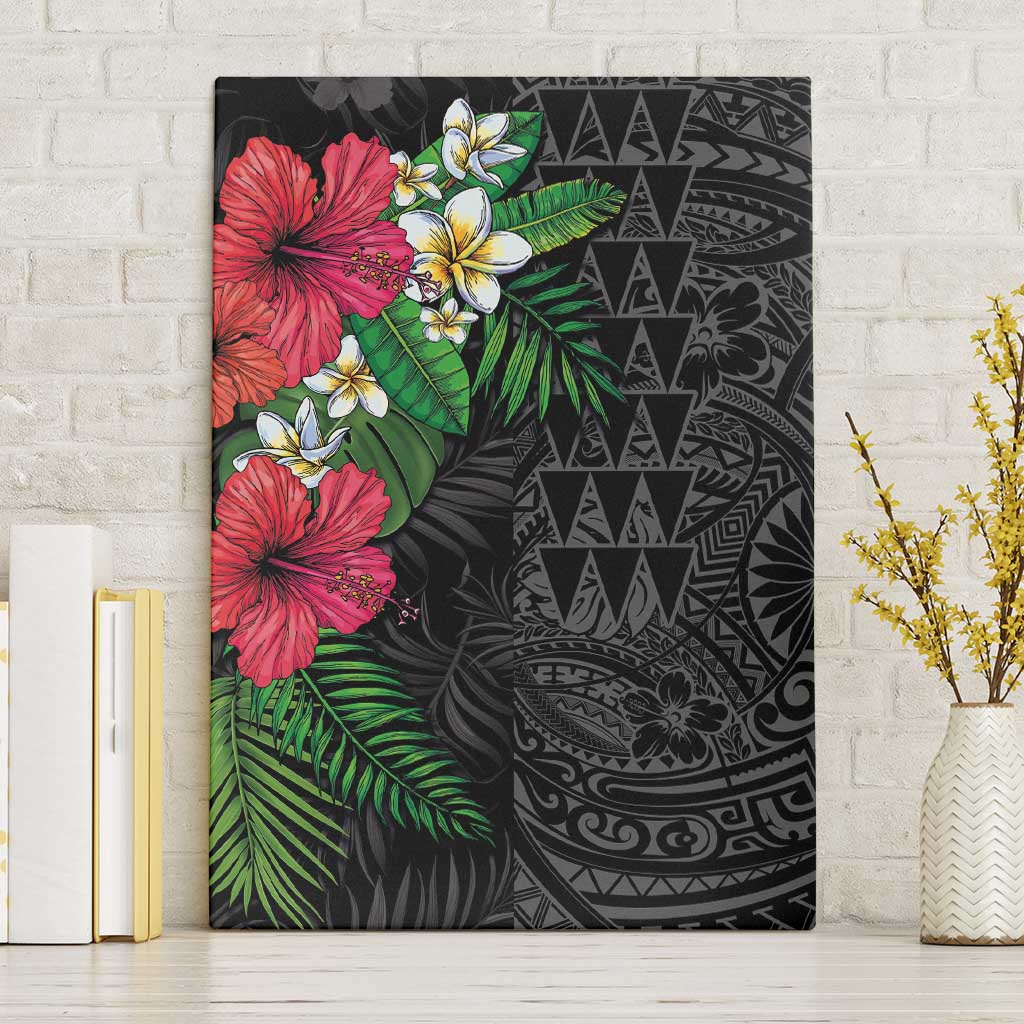 Hawaiian Tropical Plants Canvas Wall Art Kakau Tattoo and Polynesian Pattern Half Black Color