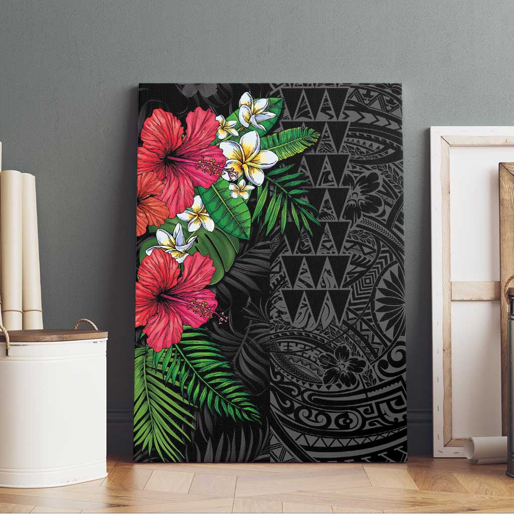 Hawaiian Tropical Plants Canvas Wall Art Kakau Tattoo and Polynesian Pattern Half Black Color
