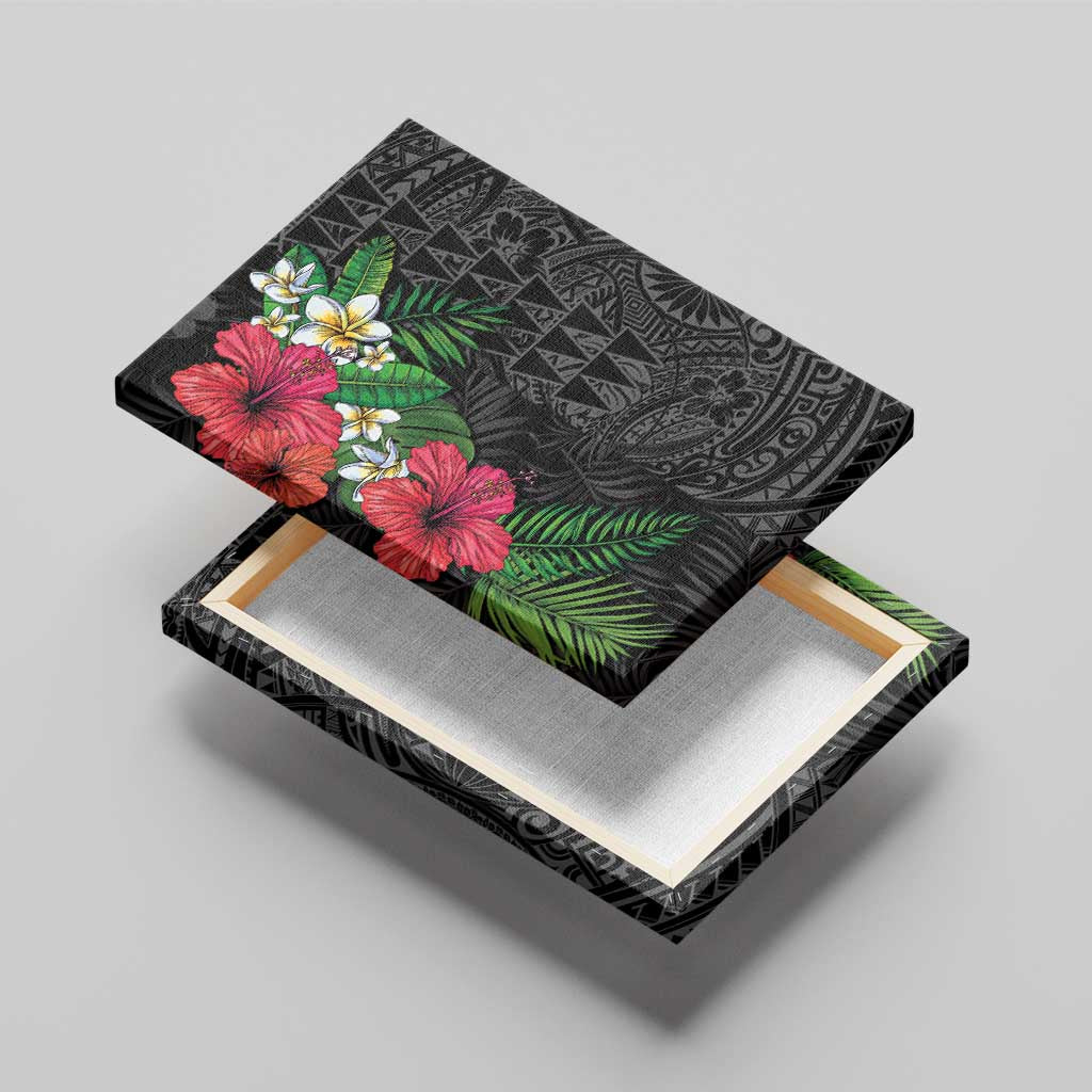 Hawaiian Tropical Plants Canvas Wall Art Kakau Tattoo and Polynesian Pattern Half Black Color