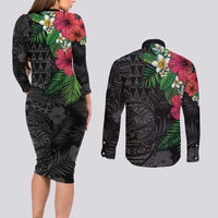 Hawaiian Tropical Plants Couples Matching Long Sleeve Bodycon Dress and Long Sleeve Button Shirt Kakau Tattoo and Polynesian Pattern Half Black Color