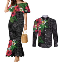 Hawaiian Tropical Plants Couples Matching Mermaid Dress and Long Sleeve Button Shirt Kakau Tattoo and Polynesian Pattern Half Black Color