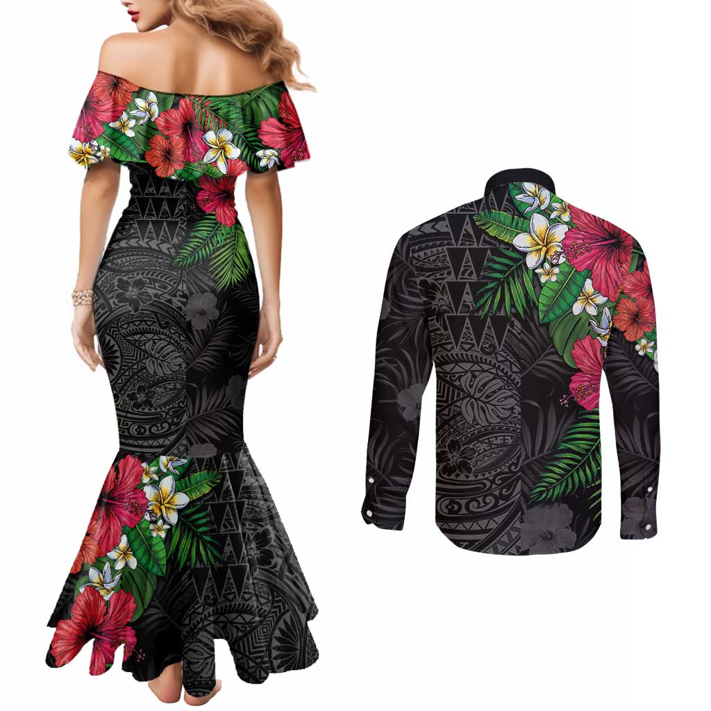 Hawaiian Tropical Plants Couples Matching Mermaid Dress and Long Sleeve Button Shirt Kakau Tattoo and Polynesian Pattern Half Black Color