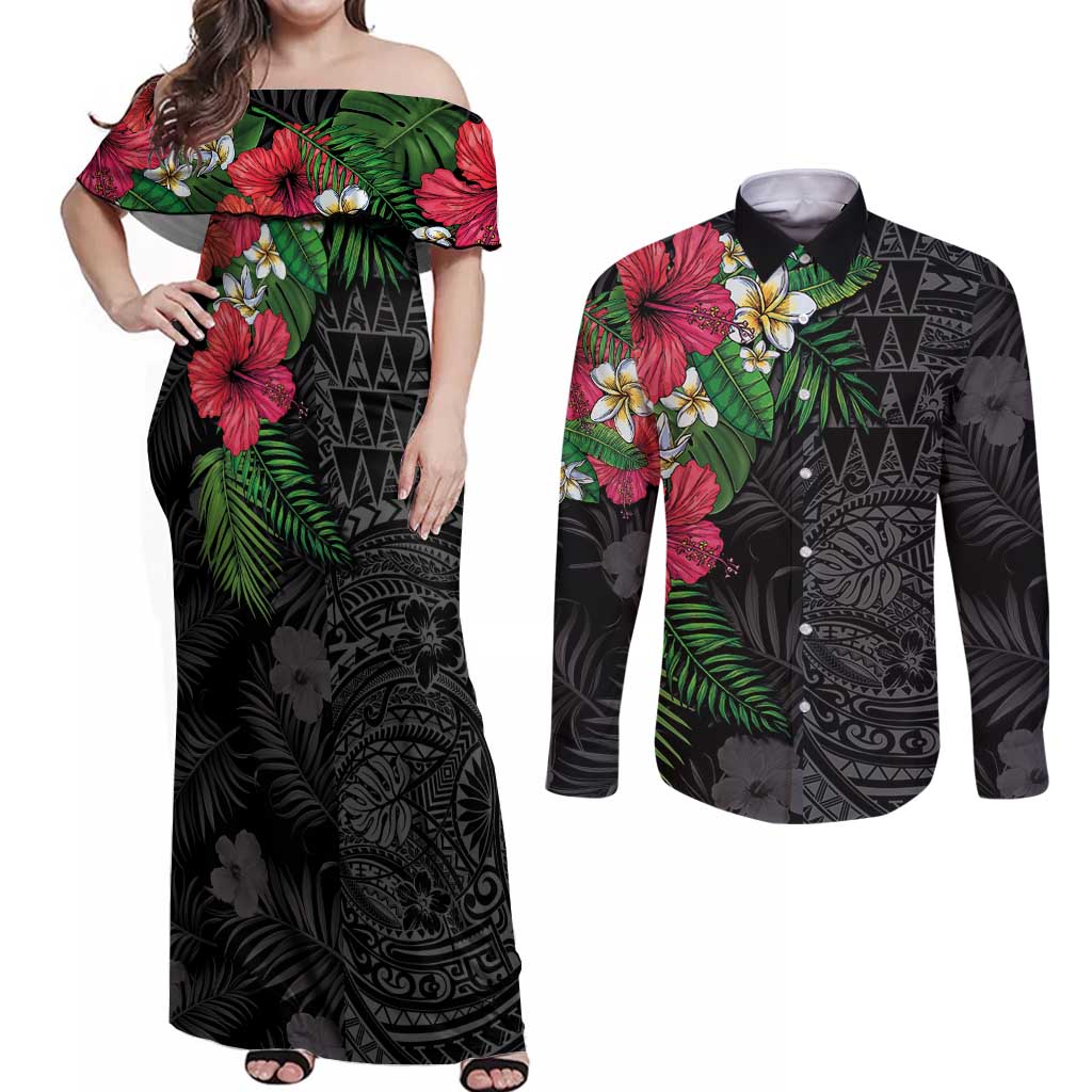 Hawaiian Tropical Plants Couples Matching Off Shoulder Maxi Dress and Long Sleeve Button Shirt Kakau Tattoo and Polynesian Pattern Half Black Color