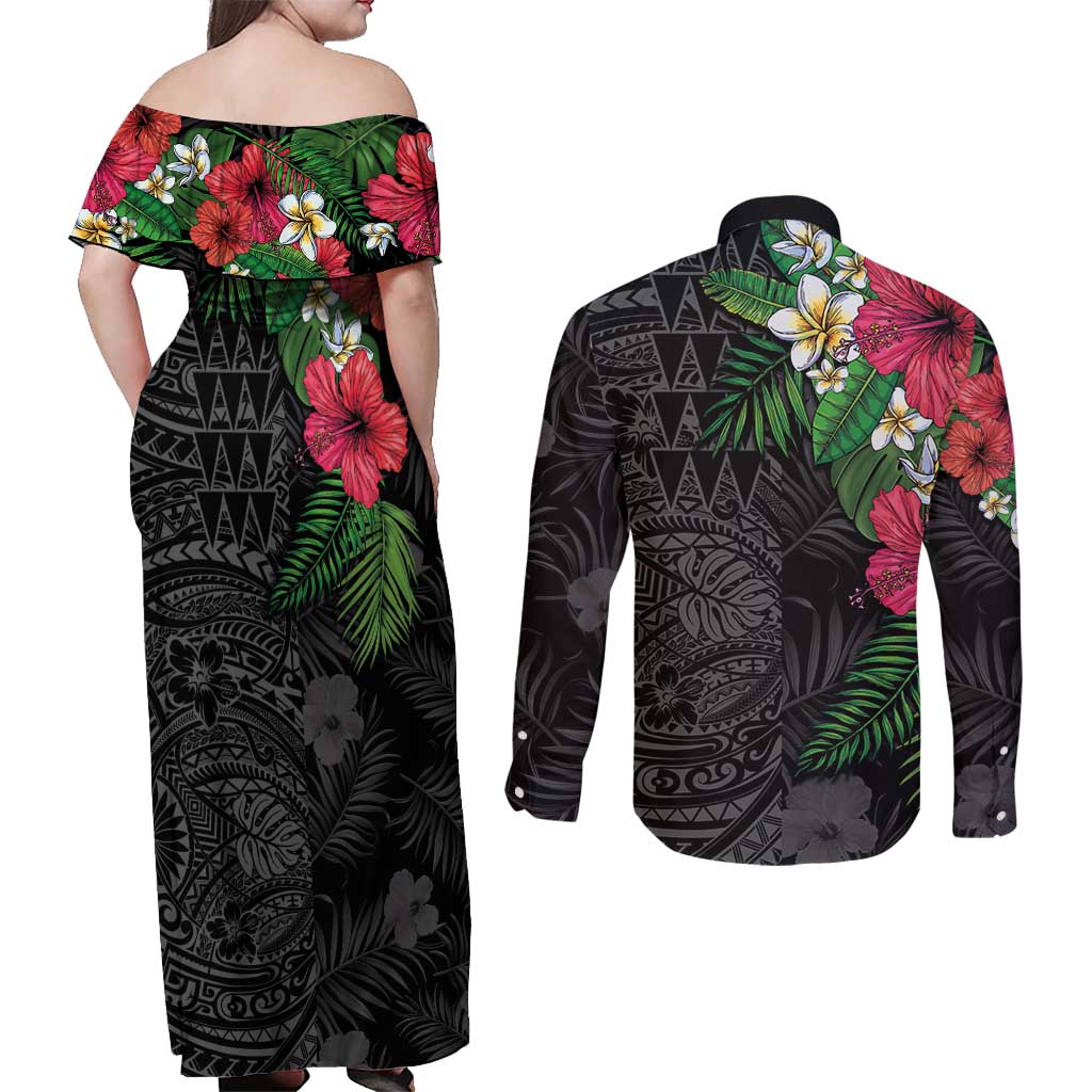 Hawaiian Tropical Plants Couples Matching Off Shoulder Maxi Dress and Long Sleeve Button Shirt Kakau Tattoo and Polynesian Pattern Half Black Color