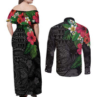 Hawaiian Tropical Plants Couples Matching Off Shoulder Maxi Dress and Long Sleeve Button Shirt Kakau Tattoo and Polynesian Pattern Half Black Color